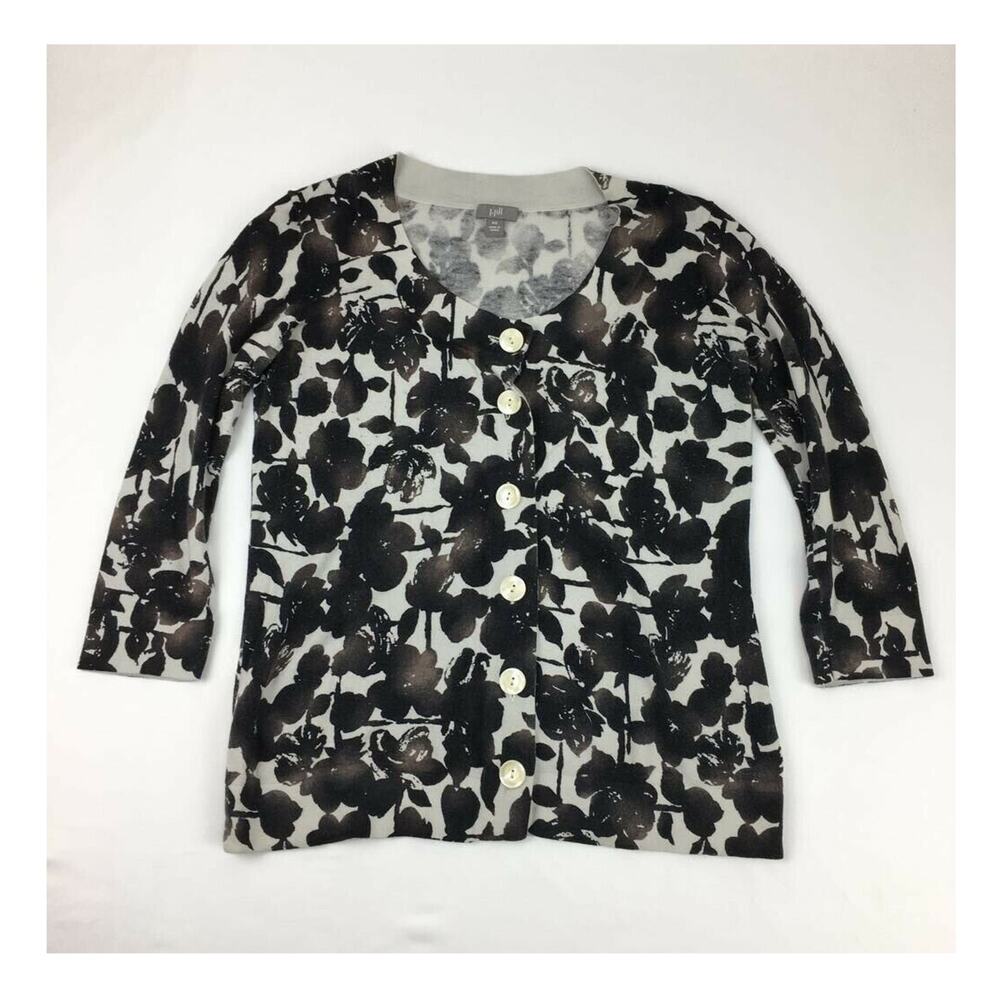 J. Jill Womens Cardigan Sweater Black Gray Floral 3/4 Sleeve Crew Neck Button XS